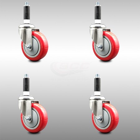 Service Caster 4 Inch 316SS Red Polyurethane Swivel 7/8 Inch Expanding Stem Caster Set SCC SCC-SS316EX20S414-PPUB-RED-78-4